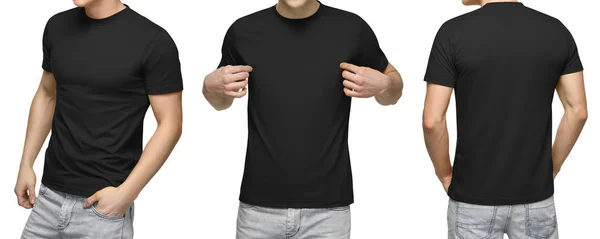 Jonge man in lege zwart t-shirt, voor- en achterkant uitzicht, geïsoleerde witte achtergrond met uitknippad. Ontwerpsjabloon mannen tshirt en mockup voor afdrukken — Stockfoto