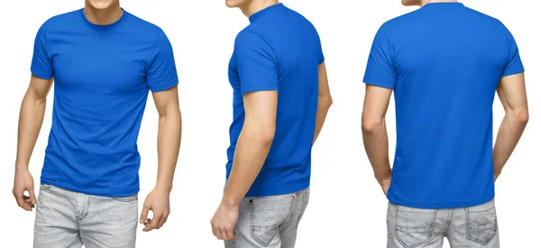 Fiatal férfi üres kék pólóban, első és hátsó nézet, elszigetelt fehér háttér a vágógörbét. Tervezősablon férfi póló és a mintadarab nyomtatása — Stock Fotó