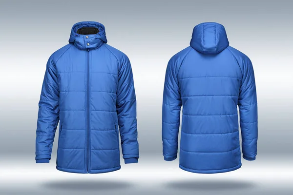 Мода зимняя голубая куртка, на сером фоне . — стоковое фото