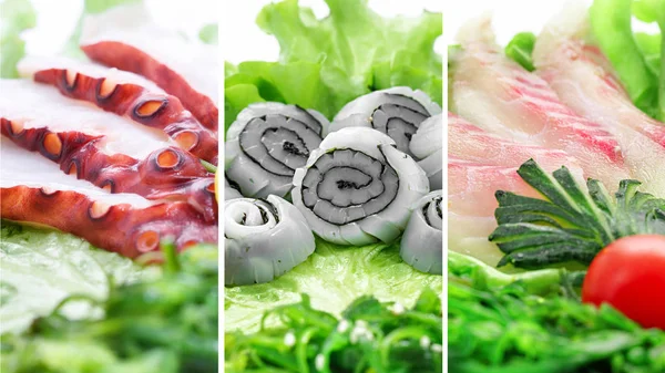 Colagem de vários produtos de frutos do mar no fundo branco — Fotografia de Stock