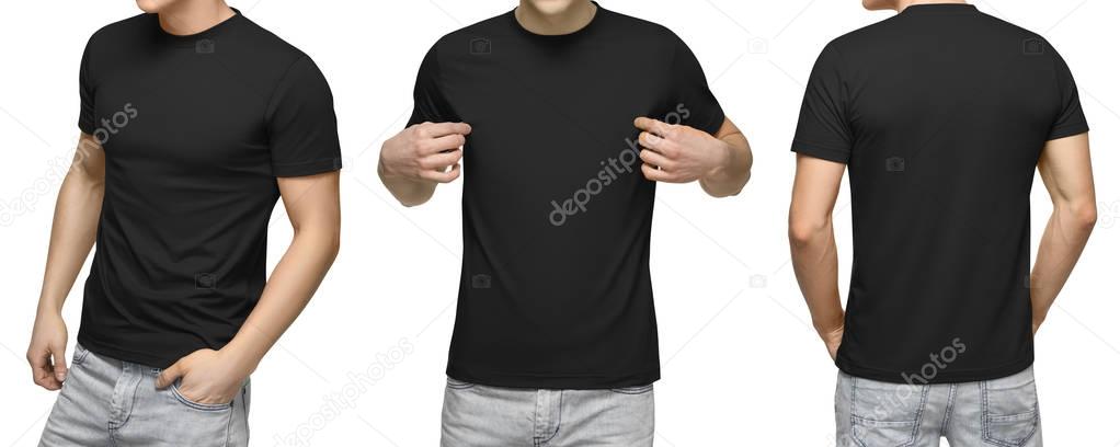 Young male in blank black T-shirt, front and back view, isolated white background with clipping path. Design men tshirt template and mockup for print