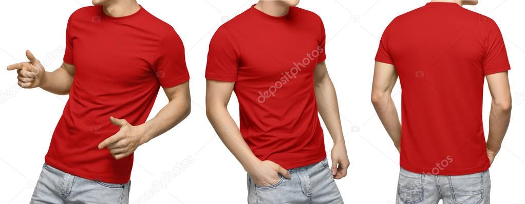Young male in blank blue t-shirt, front and back view, isolated white background with clipping path. Design men tshirt template and mockup for print