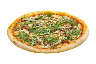 Pizza rucola veya roka mozzarella peyniri ve beyaz arka plan üzerinde izole mantar ile