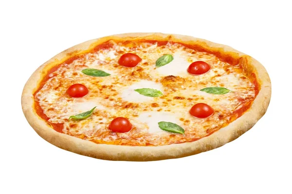 Pizza Margarita met mozzarella kaas, basilicum, tomaat en sjabloon voor uw ontwerp en menu van restaurant, geïsoleerd witte achtergrond. — Stockfoto