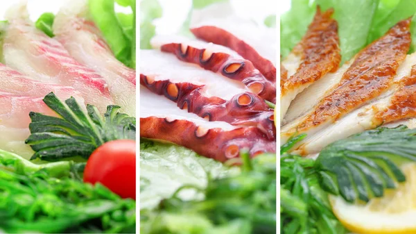 Colagem de vários produtos de frutos do mar no fundo branco — Fotografia de Stock