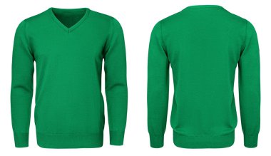 Boş şablon mens yeşil kazak uzun kollu, önden ve arkadan görünüm, kırpma yolu ile izole beyaz arka plan. Tasarım kazak mockup için yazdırma.  