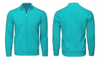 Boş şablon mens turkuaz kazak uzun kollu, ön ve arka kırpma yoluyla izole beyaz arka plan görüntülemek. Tasarım kazak mockup için yazdırma.  