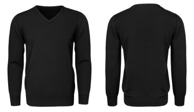 Boş şablon mens siyah kazak uzun kollu, önden ve arkadan görünüm, kırpma yolu ile izole beyaz arka plan. Tasarım kazak mockup için yazdırma.  