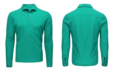 Boş şablon mens turkuaz polo gömlek uzun kol, ön ve arka kırpma yoluyla izole beyaz arka plan görüntülemek. Tasarım kazak mockup için yazdırma.