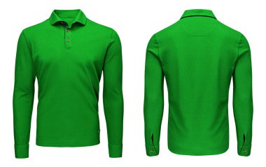 Boş şablon mens yeşil polo gömlek uzun kol, ön ve arka kırpma yoluyla izole beyaz arka plan görüntülemek. Tasarım kazak mockup için yazdırma.
