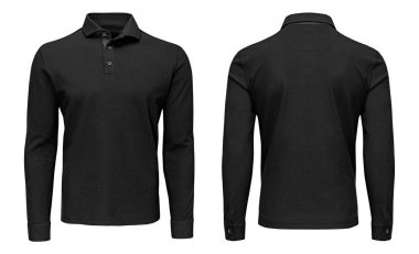 Boş şablon mens siyah polo gömlek uzun kol, ön ve arka kırpma yoluyla izole beyaz arka plan görüntülemek. Tasarım kazak mockup için yazdırma.