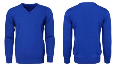 Boş şablon mens Mavi kazak uzun kollu, önden ve arkadan görünüm, kırpma yolu ile izole beyaz arka plan. Tasarım kazak mockup için yazdırma.  