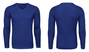 Boş şablon mens Mavi kazak uzun kollu, önden ve arkadan görünüm, kırpma yolu ile izole beyaz arka plan. Tasarım kazak mockup için yazdırma.  