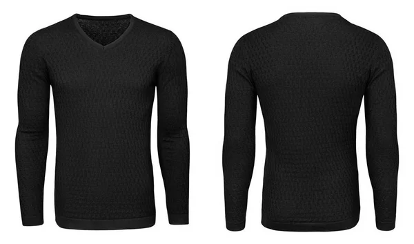 Tomma mallen mens svart tröja lång ärm, främre och bakre vy, isolerade vit bakgrund med urklippsbana. Design pullover mockup för utskrift. — Stockfoto