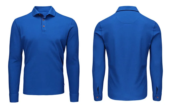 Blank template mens blue polo shirt long sleeve, front and back view, isolated white background with clipping path. Design sweatshirt mockup for print. — Stock Photo, Image