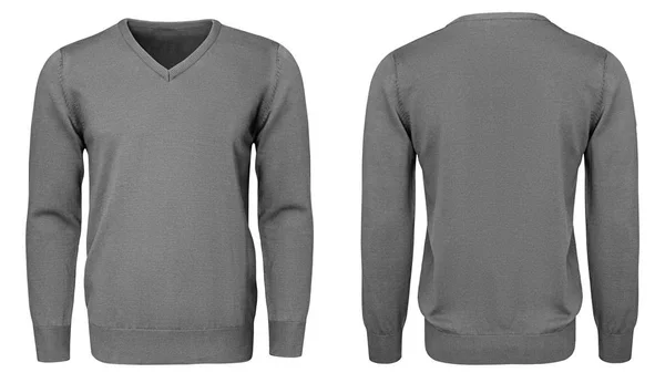 Порожній шаблон чоловічий сірий светр з довгим рукавом, спереду і ззаду, ізольований білий фон з відсічним контуром. Дизайнерський макет пуловер для друку . — стокове фото