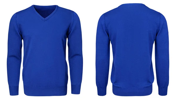 Tomma mallen mens blå tröja lång ärm, främre och bakre vy, isolerade vit bakgrund med urklippsbana. Design pullover mockup för utskrift. — Stockfoto