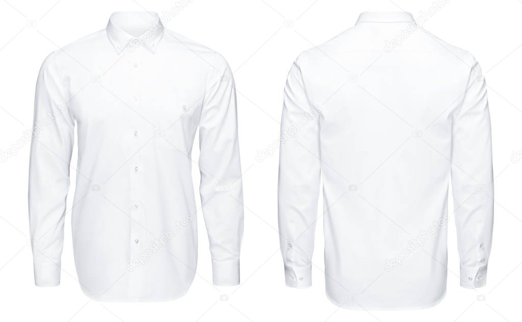Detail closeup business or classic white shirt, front and back view, isolated white background with clipping path.