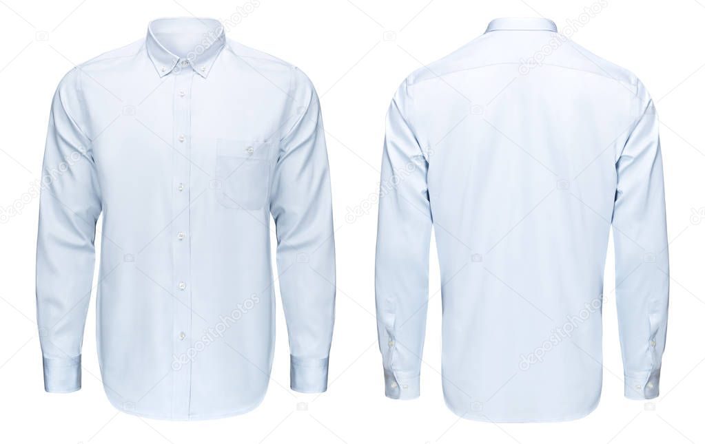 Business or classic blue shirt, front and back view, isolated white background with clipping path.