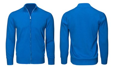Boş şablon mens Mavi kazak uzun kollu, önden ve arkadan görünüm, kırpma yolu ile izole beyaz arka plan. Tasarım kazak mockup için yazdırma.  