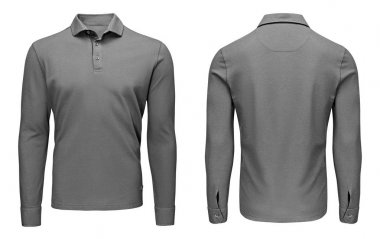 Boş şablon mens gri polo gömlek uzun kollu, önden ve arkadan görünüm, kırpma yolu ile izole beyaz arka plan. Tasarım kazak mockup için yazdırma.