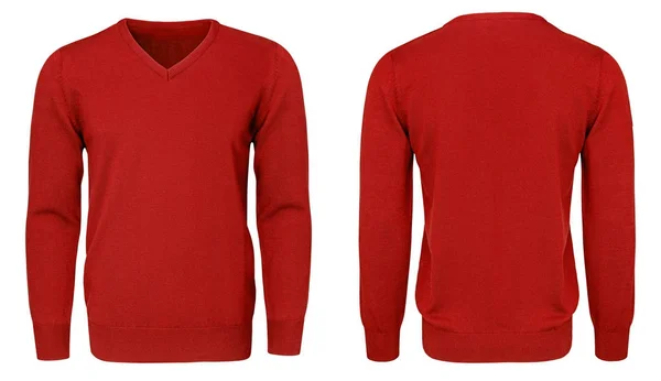 Modelo em branco mens camisola vermelha manga comprida, vista frontal e traseira, fundo branco isolado com caminho de recorte. Design pulôver mockup para impressão . — Fotografia de Stock