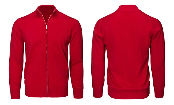 Lege sjabloon mens rode sweatshirt lange mouw-, voor- en achterkant uitzicht, geïsoleerde witte achtergrond met uitknippad. Ontwerp pullover mockup voor afdrukken. — Stockfoto