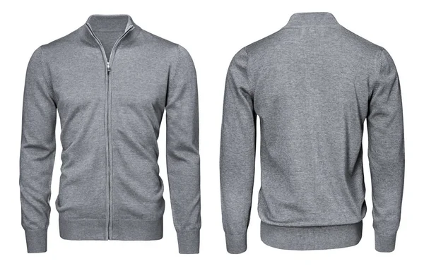 Blanko-Vorlage Herren graues Sweatshirt Langarm, Vorder- und Rückansicht, isolierter weißer Hintergrund mit Clipping-Pfad. Design Pullover-Attrappe für Druck. — Stockfoto