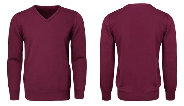 Pusty szablon męskie bordowa Bluza z długim rękawem, przód i tył widok, na białym tle ze ścieżką przycinającą. Makieta czerwony sweter projekt do druku. — Zdjęcie stockowe