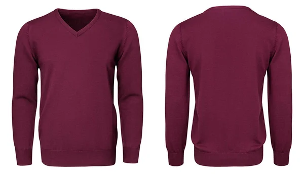 Blanko-Vorlage Herren bordeaux Sweatshirt Langarm, Vorder- und Rückansicht, isolierter weißer Hintergrund mit Clipping-Pfad. Design rote Pullover-Attrappe für Druck. — Stockfoto