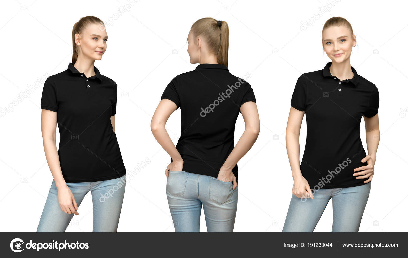 Download Set Promo Pose Girl In Blank Black Polo Shirt Mockup Design For Print And Concept Template