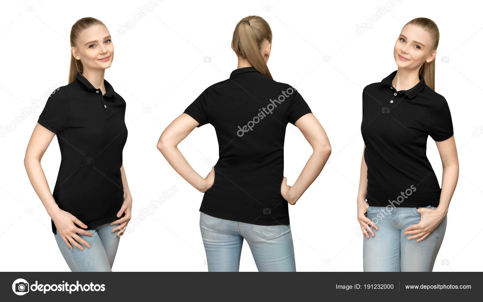 Set promo pose girl in blank black polo shirt mockup design for