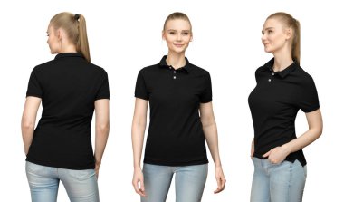 Set promo poz kız boş siyah polo gömlek mockup tasarım baskı ve şablon T-shirt önde genç kadın ve yarım geri düzeltmesi kavramı kırpma yoluyla izole beyaz arka plan görüntülemek