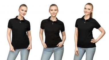 Set varyasyonları promo poz kız boş siyah polo gömlek mockup tasarım baskı ve kavram şablon genç kadın T-shirt açık ve yarı izole görünümü beyaz arka plan ile kırpma yolunu açmak için