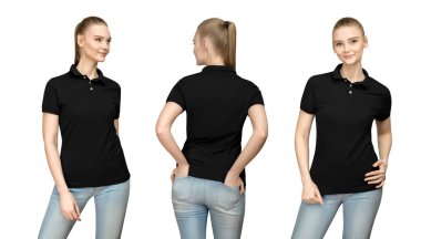 Set promo poz kız boş siyah polo gömlek mockup tasarım baskı ve şablon T-shirt önde genç kadın ve yarım geri düzeltmesi kavramı kırpma yoluyla izole beyaz arka plan görüntülemek