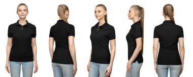 Set promo poz kız boş siyah polo gömlek mockup tasarım baskı ve şablon T-shirt önde genç kadın ve yarım geri düzeltmesi kavramı kırpma yoluyla izole beyaz arka plan görüntülemek