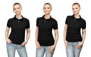 Set varyasyonları promo poz kız boş siyah polo gömlek mockup tasarım baskı ve kavram şablon genç kadın T-shirt açık ve yarı izole görünümü beyaz arka plan ile kırpma yolunu açmak için