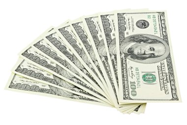 Fan Amerikan parası yüz doları bill kırpma yolu üzerinde izole beyaz arka plan. Bize 100 banknot kazık  