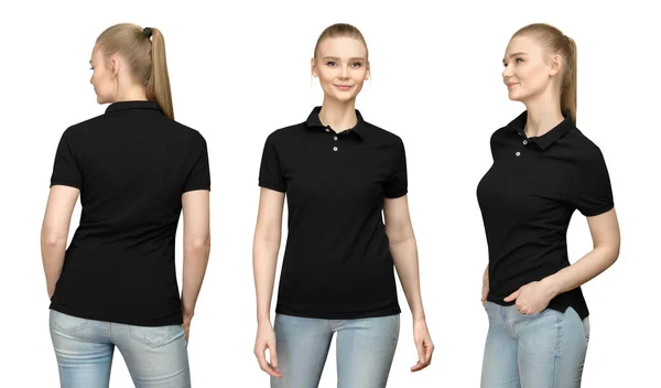 Set promo pose girl in blank black polo shirt mockup design for print and concept template young woman in T-shirt front and half turn  side back view isolated white background with clipping path — Stock Photo, Image