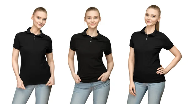 Set variations promo pose girl in blank black polo shirt mockup design for print and concept template young woman in T-shirt front and half turn view isolated white background with clipping path — Stock Photo, Image