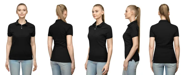 Set promo pose girl in blank black polo shirt mockup design for print and concept template young woman in T-shirt front and half turn side view isolated white background with clipping path — стоковое фото