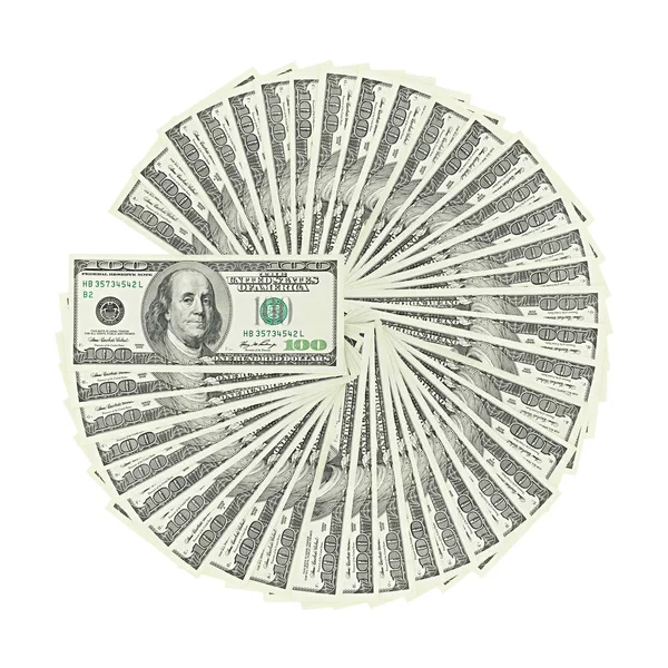 Pohled z horní ventilátor americké peníze sto dolarů bill izolované na bílém pozadí ořezovou cestu. Pilot nám 100 bankovka — Stock fotografie