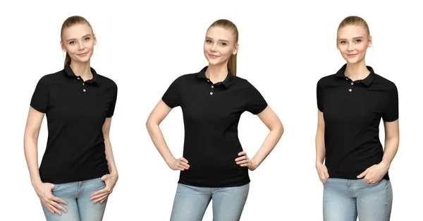 Conjunto de variaciones promo pose girl en blanco polo negro diseño de maqueta para imprimir y plantilla de concepto mujer joven en camiseta frontal y media vuelta ver aislado fondo blanco con camino de recorte —  Fotos de Stock