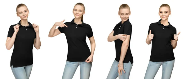 Set variazioni promo posa ragazza in bianco nero polo mockup design per la stampa e modello di concetto giovane donna in T-shirt anteriore e mezza curva vista laterale isolato sfondo bianco con percorso di ritaglio — Foto Stock