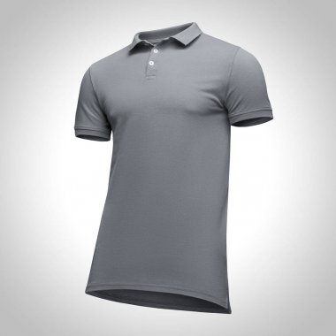 Boş şablon erkek gri polo gömlek kısa kollu, önden görünüm yarısı izole kırpma yoluyla gri arka plan üzerinde aşağıdan yukarıya, açın. Mockup kavramı t gömlek tasarım ve baskı için
