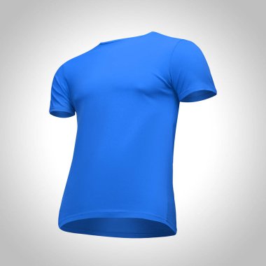 Boş şablon erkekler mavi t gömlek kısa kollu, önden görünüm yarısı izole kırpma yoluyla gri arka plan üzerinde aşağıdan yukarıya, açın. Mockup kavramı tshirt tasarım ve baskı için