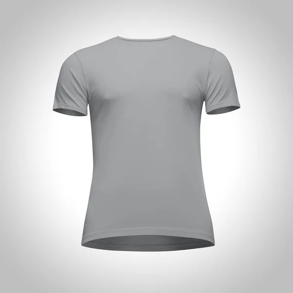 Plantilla en blanco para hombre camiseta gris manga corta, vista frontal de abajo hacia arriba, aislado sobre fondo gris con camino de recorte. Camiseta de concepto de burla para diseño e impresión — Foto de Stock