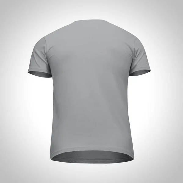 空白模板男士灰色 t恤短袖, 后视图自下而上, 在灰色背景与修剪路径隔离。设计与印刷的样机概念 t恤 — 图库照片
