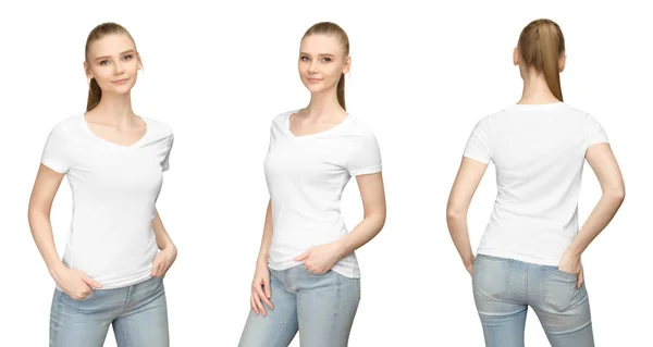 Zestaw promocyjny stanowią dziewczyna w pusty biały tshirt makieta projektu do druku i koncepcja szablonu młoda kobieta w T-shirt przednie i boczne powrotem Zobacz na białym tle ze ścieżką przycinającą — Zdjęcie stockowe