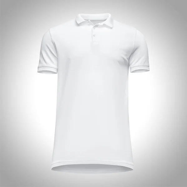 Homem modelo em branco camisa polo branco manga curta, vista frontal de baixo para cima, isolado em fundo cinza com caminho de recorte. T-shirt conceito Mockup para design e impressão — Fotografia de Stock